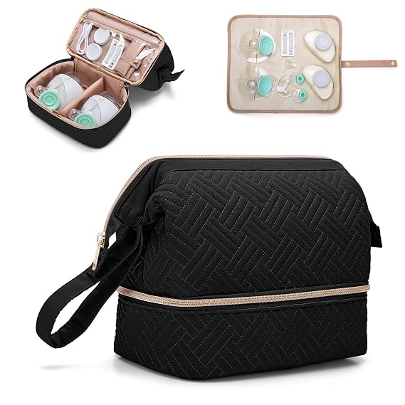 Fasrom Wearable Breast Pump Bag Compatible with Momcozy, Medela and Elvie Pumps, Double Layer Pump Carrying Case with Waterproof Mat and Insulated Pockets for Working Moms, Black (Bag Only)