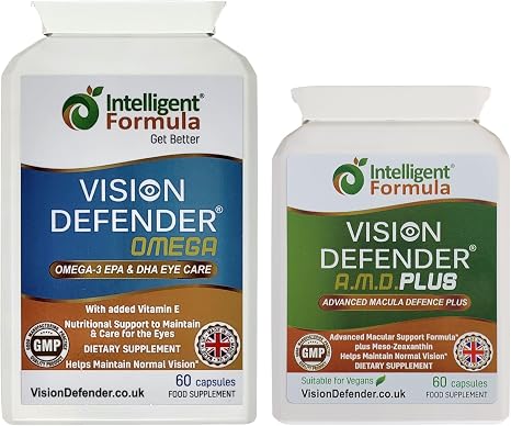 Vision Defender & Omega Eye Supplement Bundle - AREDS2 with Lutein Zeaxanthin Meso-Zeaxanthin - Omega-3 Fish Oil (EPA DHA) - Eye Vitamins for Vision Support - 120 Capsules - UK