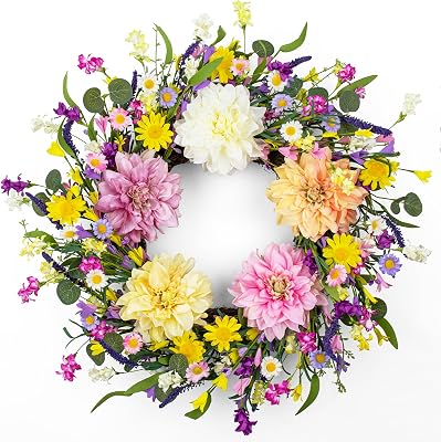 Spring Wreaths for Front Door 22 Inch Spring Wreath Artificial Summer Wreath with Colorful Dahlia Daisy and Forsythia for Farmhouse Home Holiday Decorations