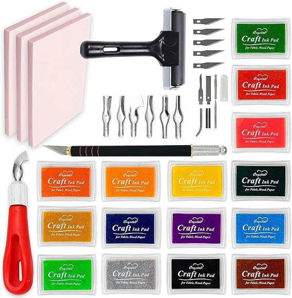 Pixiss Linocut Kit for Printmaking & Stamp Making 3 Soft Rubber Carving Blocks, 15 Color Ink Pads, 4-Inch Brayer, Lino Cutter with 6 Blades & Precision Craft Knife Block Printing Starter Kit