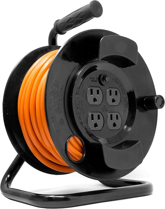 WEN PC5043R 50 ft. 14-Gauge Heavy-Duty SJTW Outdoor 14/3 Extension Cord Reel with NEMA 5-15R Light-Up Power Outlet,Black