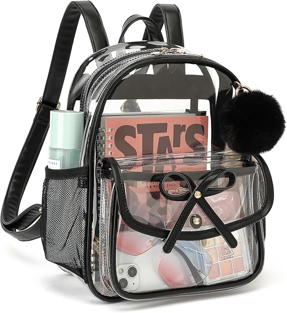 Clear Backpack for Stadium Events 12x12x6, Thick PVC Small Clear Bag with Leather Trim Fashion Women Backpack