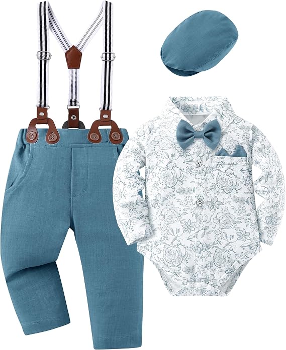 YALLET Baby Boy Outfits Suits Infant Formal Dress Clothes Gentleman Wedding Print Shirt+Beret Hat+Suspender Pants+Bowtie