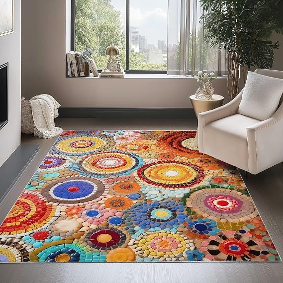 Bohemian Abstract Circle Floral Washable Living Room Rug 170x260cm(5.6×8.5ft) Colorful Beaded Pattern Patchwork Printed Non-Slip Carpet for Bedroom Dining Room Kitchen Entryway Hallway