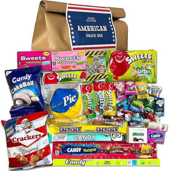 William Hunter American Sweets Gift Bag - Wide Selection Sweet Hamper, Great Value American Sweet Hamper for Children or Adults, Mystery Box of Iconic American Candy