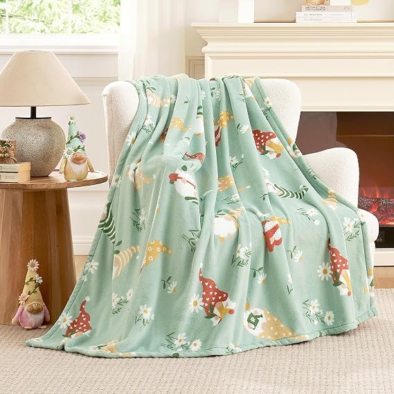 Cozy Bliss Gnome Spring Throw Blanket - Garden Daisy Floral Design, Warm MilkyPlush Throw Blankets, Ultra Soft Cozy Blankets for Couch, Sofa and Bed, Green, 50X60inches