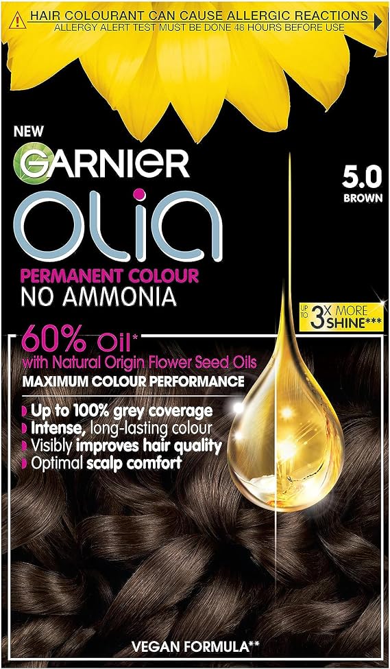 Garnier Olia Luminous Long-Lasting Permanent Hair Colour, 5.0 Brown | 100% Grey Coverage, Oil-Powered Formula, Luminous Long-Lasting Vibrant Colour, No-Ammonia, 3x Shinier Hair