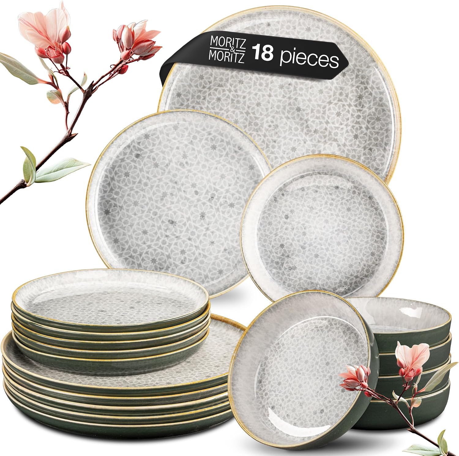 Moritz & Moritz Terra 18-Piece Porcelain Dinner Set for 6 People - Decent Grey Plates and Bowls Set, Microwave & Dishwasher Safe - Includes Dinner Plates, Soup Bowls & Dessert Plates
