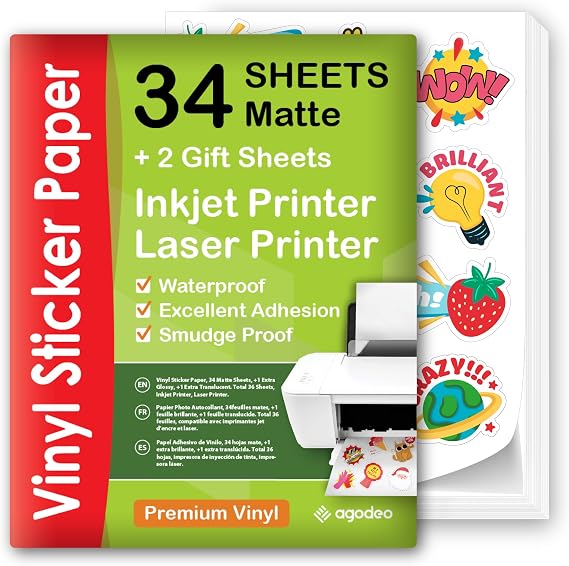 Premium Printable Vinyl Sticker Paper, Waterproof, 34 Matte Printing Sheets