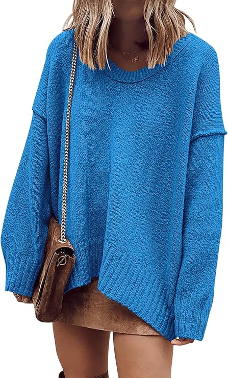 ANRABESS Womens Fall Fashion Oversized Scoop V Neck Batwing Sleeve Sweater