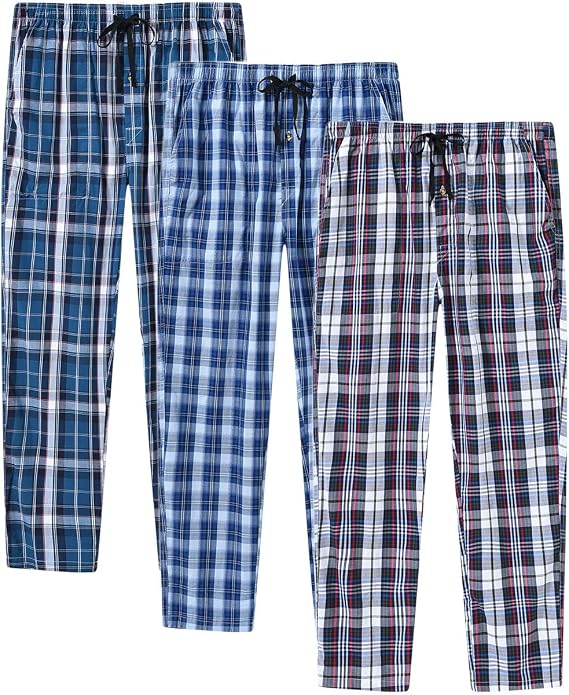MoFiz Men's Pajama Bottom Pants Sleepwear Lounging Relaxed House PJS Pants with Drawstring Button Fly 3-Pack