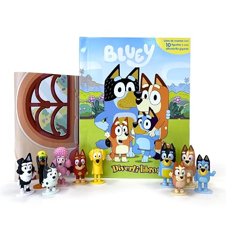 Bluey Diverti-Libros - Libro infantil de cuentos, 10 figuras, 1 alfombra de juego