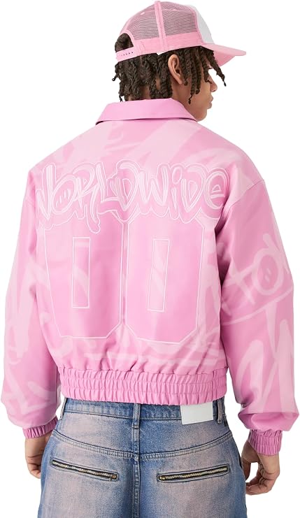 boohooMAN Boxy BM Printed Collared Bomber Jacket In Pink