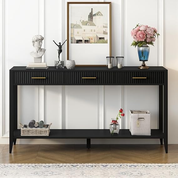 Long 60" Fluted Console Table with 3 Drawers for Entryway, Modern Wooden Behind Couch Sofa Table Narrow Long Entryway Table with Storage Shelf for Entrance Hallway Living Room (Black)