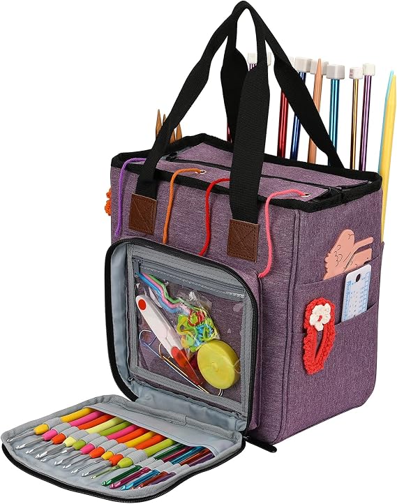 Yarn Knitting Storage Tote-Large Capacity Crochet Organizer Portable Travel Bag with Shoulder Strap Crochet Hooks Case for Unfinished Bulk Project Purple