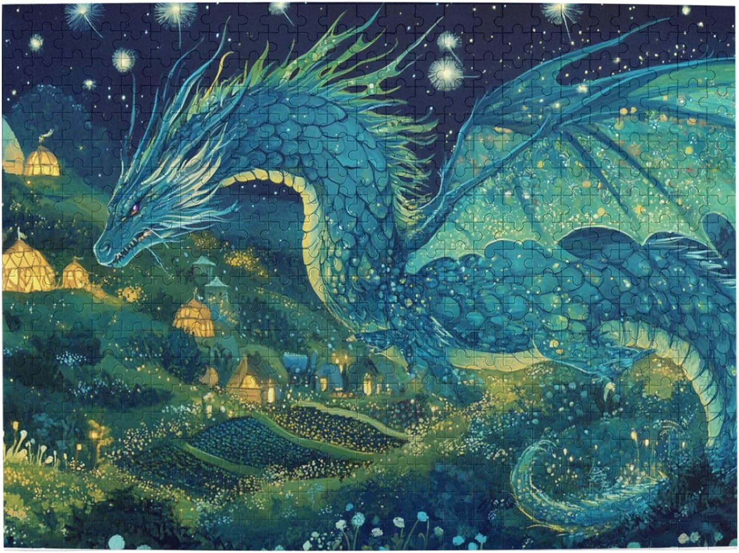 500 Piece Fantasy Dragon Puzzle for Adults – Majestic Blue Dragon Flying Over Night Village, Glowing Lanterns and Starry Sky, Enchanting Mythical Scene Jigsaw