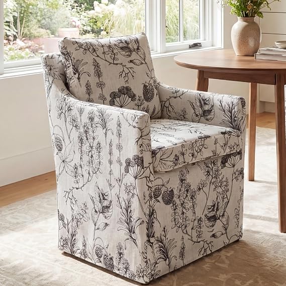 Kmax Slipcovered Dining Chairs, Modern Upholstered Barrel Kitchen & Dining Room Chairs with Arms, Accent Single Sofa Chair for Dining Living Room, Floral Pattern