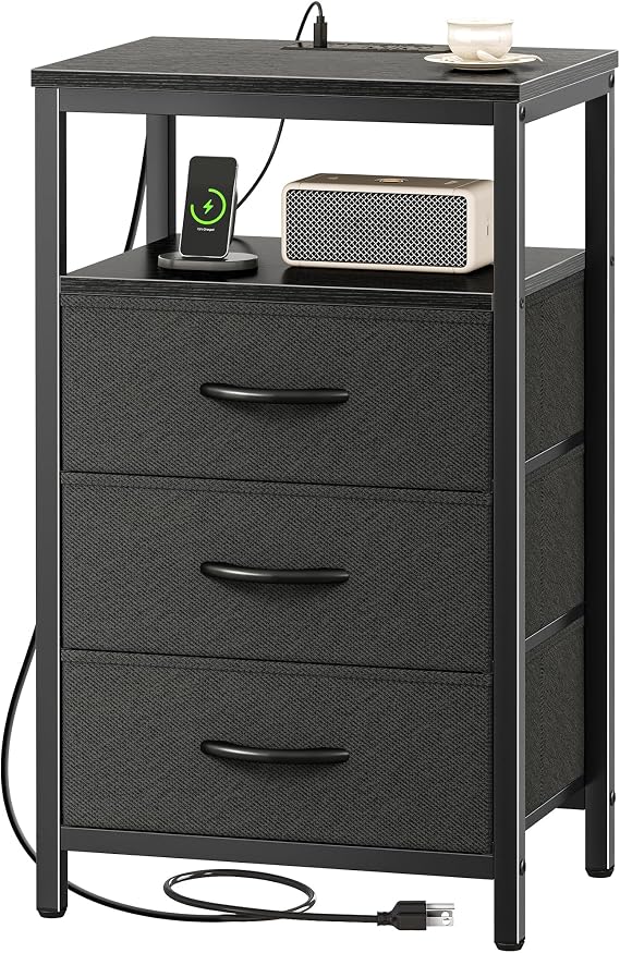 Huuger Nightstand with Charging Station, 27.6 Inch End Table with Fabric Drawers, End Table with USB Ports and Outlets, Nightstand for Bedroom, Black