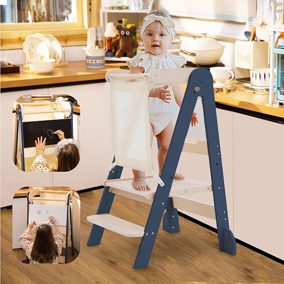 Toddler Tower Foldable, 2-Adjustable Height Standing Tower, Navy Blue