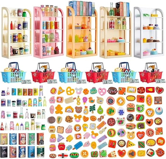 164pcs Miniature Supermarket Shelves Furniture Model 4 Layers Shelf Display Rack Doll House Accessory Storage Bookshelf Accessories Mini Locker Decor Food Drink Bottle Toy Cosplay Game Party