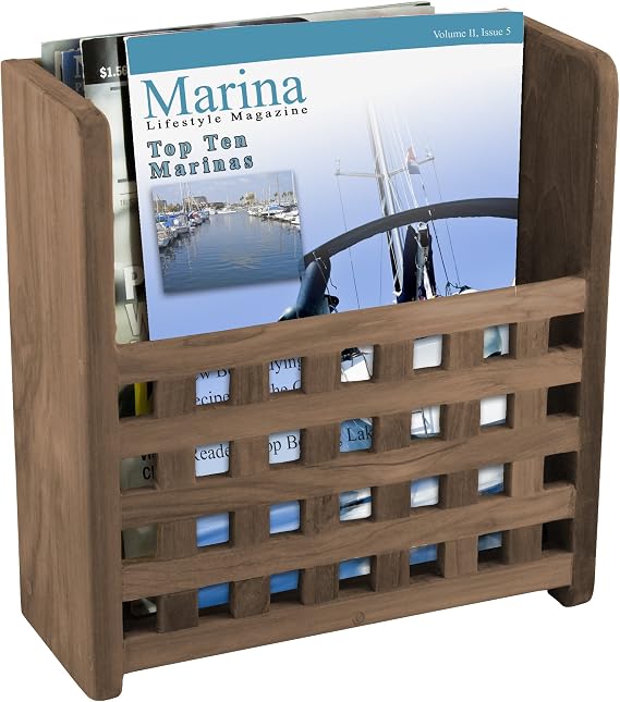 SeaTeak Wooden Magazine / Map Rack, 100% Solid Teak Wood, 11.25"H x 10.5"W x 4..75"D, Grate Front, Safely Store Magazines, Books, Maps or Anything You Wish, Perfect For Boats, Cabins, RV's & Campers