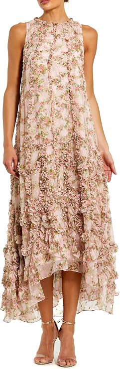 Sleeveless Floral Chiffon Ruffle High Low Dress