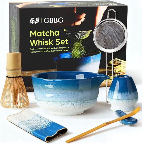 Matcha Whisk Set, Matcha Kit with 18 oz Ceramic Bowl, 100-Prong Bamboo Whisk, Stainless Steel Sifter & Accessories, Complete Matcha Starter Kit for Beginners and Matcha Lovers-Blue