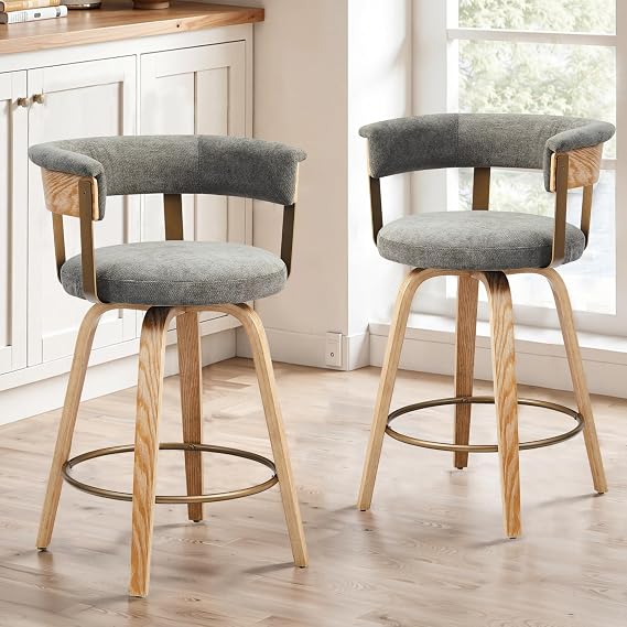 Zouron Swivel Bar Stools Set of 2, Fabric Upholstered Island Chairs with Wooden Legs for Kitchen Counter, Dark Grey