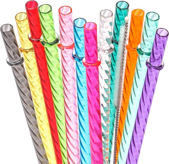 Dakoufish 9 inch Reusable Clear Plastic Swirl Drinking Straws for 12 oz 16 oz Mason Jar,Tumblers, Set of 12 Replacement Straws with Cleaning Brush (9 inch,12color)