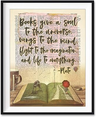 Plato Quote, Books Give a Soul to the Universe Art Print, Unframed, Vintage Literary Highlighted Dictionary Page Wall Art Decor Poster Sign, Customizable Sizes