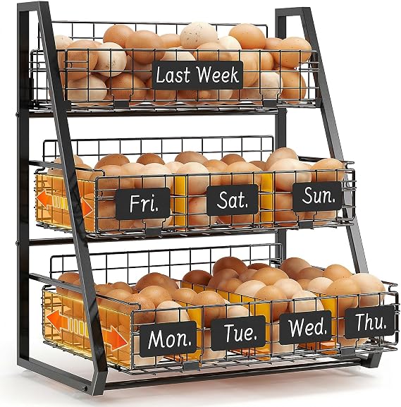Sevenblue Egg Holder Countertop with 3 Pull-Out Tier Baskets, Black