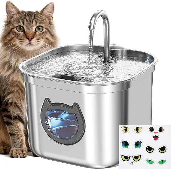 Cat Water Fountain for Drinking, 2.2L/74oz Stainless Steel Automatic Pet Water Dispenser with Filter - BPA Free, Ultra-Quiet Pump, LED Light & Easy Clean View Window for Cats and Dogs