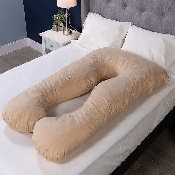 MyPillow Double U Shape Maternity Pillow 56" x 30" Full Body Pregnancy Pillow with Removable Zippered Cover, Almond