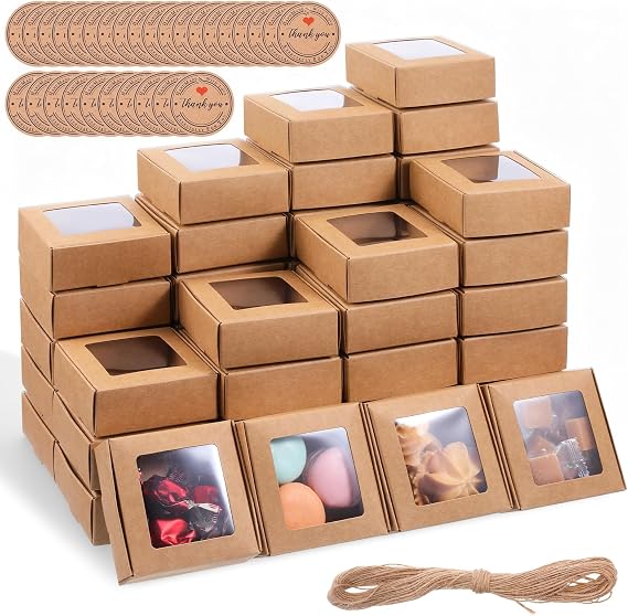 100 PCS Soap Boxes for Homemade Soaps, with 100 Tags and 20m String, 3 X 3 X 1.2 In, Soap Packaging Boxes with Clear Windows, Small Brown Gift Wrapping Box for Bakery Candy Cookies Party Favor