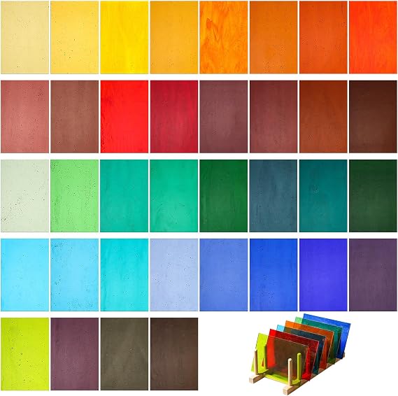 Layhit 36 Sheets Variety Stained Glass Sheets Pack 4 x 6 Inch Cathedral Art Glass Supplies Mosaic Glass Tiles for Crafts Bright Color Iridescent Glass Sheets for DIY Home(Assorted Color)