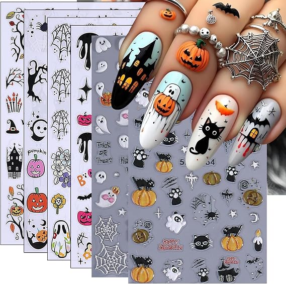 Halloween Ghost Nail Stickers Decals 6PCS 5D Embossed Cute Pumpkin Nail Art Designs Spider Web Bat Black Cat DIY Self-Adhesive Decorations Manicure Supplies for Women DIY Holiday Nails Art