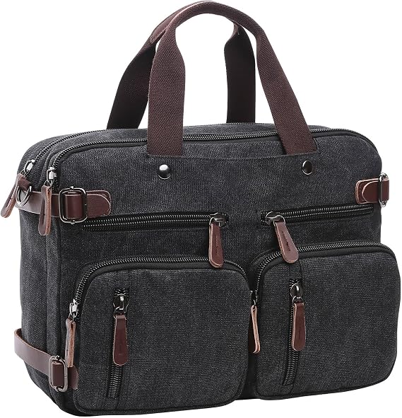 Canvas Laptop Briefcase Convertible Backpack Messenger Shoulder bag Handbag Multi-functional Travel Rucksack Fits 17.3 Inch Laptop for Men Women