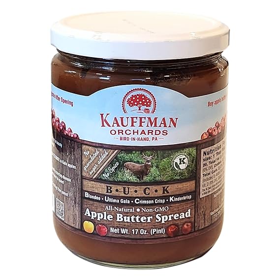Kauffman Orchards "BUCK" Apple Butter Spread, No Sugar or Spice Added, Made with Blondee, Ultima Gala, Crimson Crisp, and Kindercrisp Apples, 17 Oz. Jar