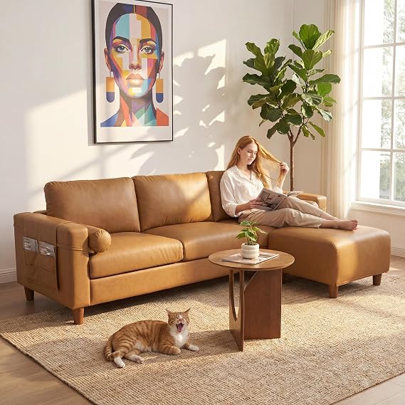 Vesgantti 100" L-Shaped Faux Leather Modular Sectional Couch, Camel Tan