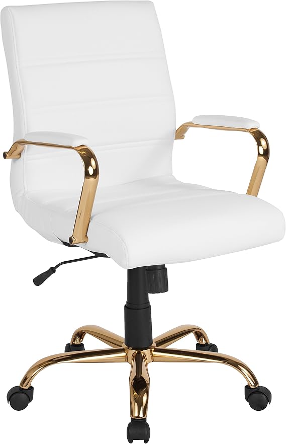 Flash Furniture Mid-Back White LeatherSoft Executive Swivel Office Chair with Gold Frame and Arms