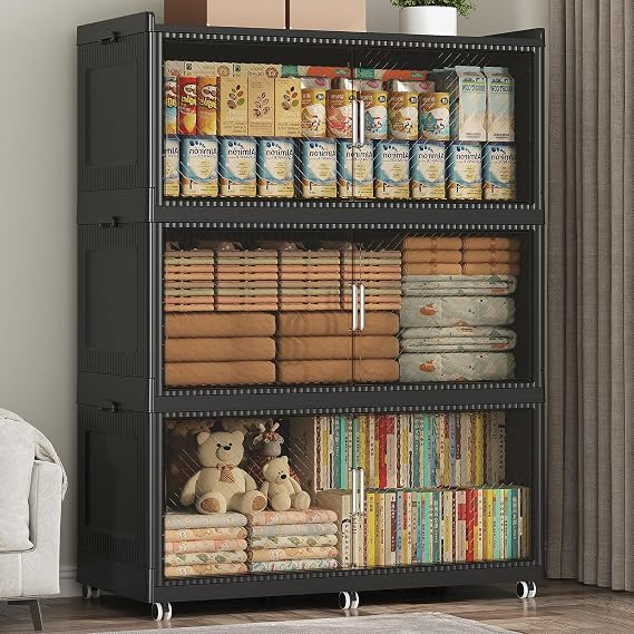 720QT Storage Bins with Lid Extra Large Stackable Closet Organizer Plastic Container Box, 240Gal 3-Tier Collapsible Cabinet with Wheels and Doors for Living Room Kitchen Office Dorm, Black