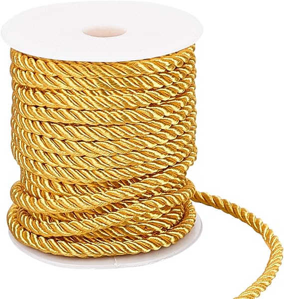 PH PandaHall 59 Feet Gold Cord 5mm Twisted Rope Trim Graduation Honor Cord Silk Cords Thread Decorative Trim for Handfasting Upholstery Home Decor Bag Drawstrings Costume Curtain Tieback