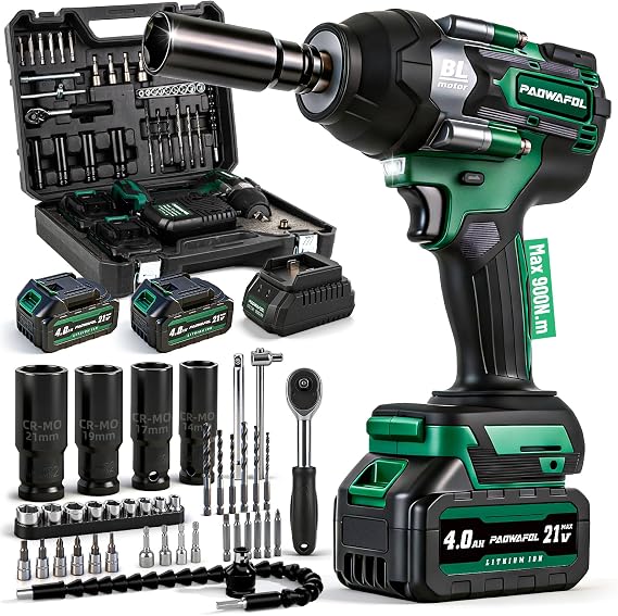 Impact Wrench 664 Ft-lbs(900N.m) 2200IPM, 1/2 Impact Gun with 21V 2x4.0AH Battery, Power Impact Driver 22 Drill Bits & 4 Sockets, Cordless Ratchet Wrench Set Gifts for Men Car Tire Lug Nut