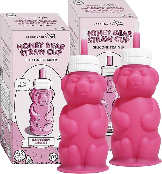 Legendairy Milk Honey Bear Straw Cup Silicone for Babies (Pink), 8 oz. Dishwasher Safe Baby Straw Cup, Food Grade Silicone, Honeybear Sippy Cup for Ages 4+ Months (Pack of 2)