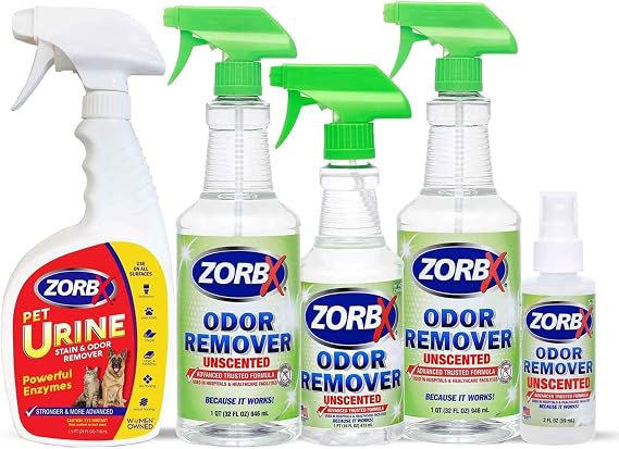 ZORBX Unscented Odor Remover Spray - Perfect Solution for Strong Odor (32oz + 2oz + 16oz + 32oz) + ZORBX Pet Urine Stain and Odor Remover Spray (24oz)