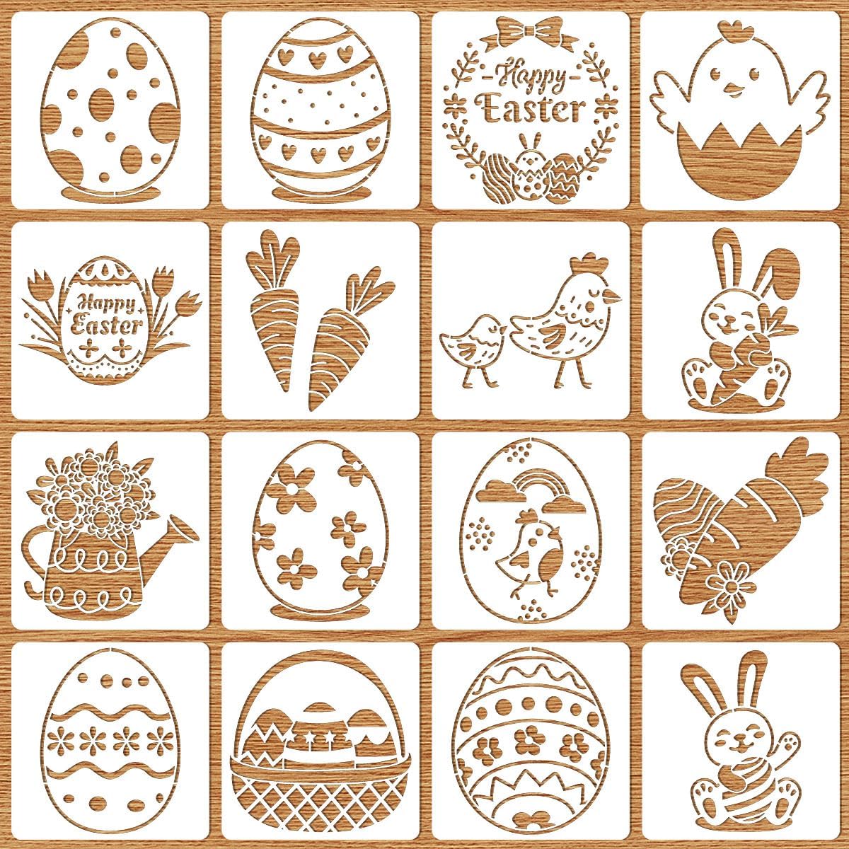 Easter Stencils for Painting,16pcs Easter Bunny Eggs Chicken Carrot Reusable Plastic Painting Stencil on Wood,Happy Easter Drawing Template for DIY Art Craft Easter Party Spring Home Decor