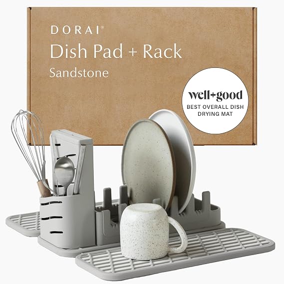Dorai Home Collapsible Dish Drying Rack with Stone Dish Pad - Kitchen Counter Set with Diatomaceous Earth Stone Dish Mat for Quick Drying - Space-Saving Design - Original 19.9"x15.2", Sandstone