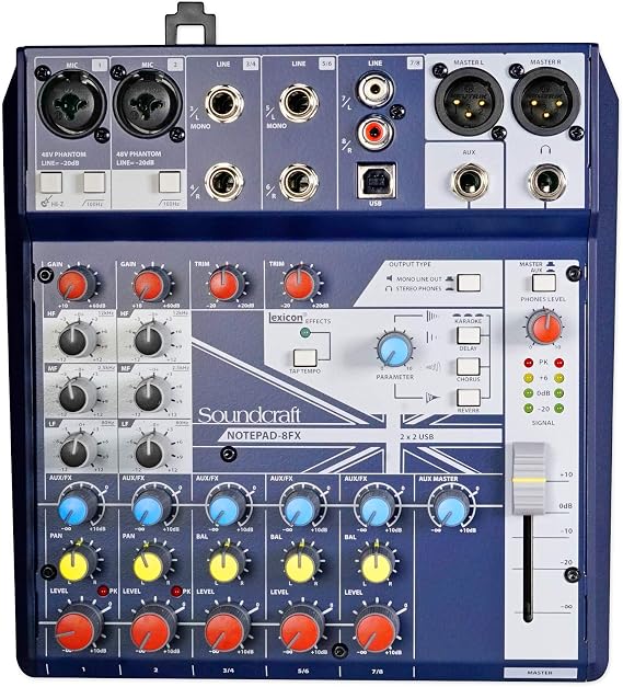 Soundcraft Notepad-8FX Podcast Mixer Bundle with Rockville PRO-M50 Headphones, RC1DTRS Headphone Splitter Cable, RCM03 Pro Recording Mic, RCTR106B TRS to TRS Cable and RDTS Tripod Mic Stand