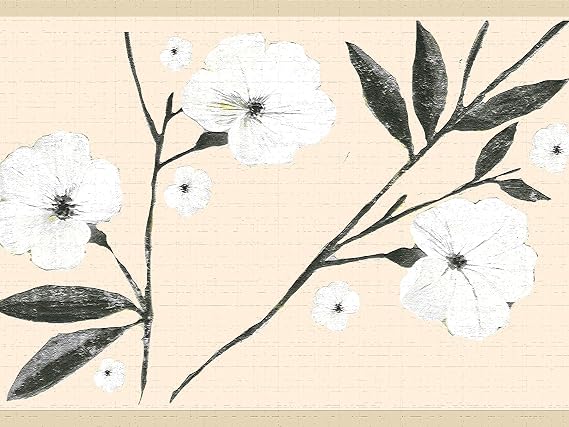 Wallpaper Border Peel and Stick, Floral White Cream Leaves, 15ft x 7in