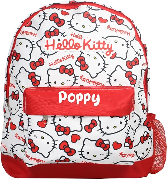 Hello Kitty Personalised Girls Backpack Bag Rucksack School, White Red